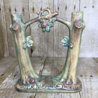 Vintage Weller Woodcraft Apple Tree Double Bud Vase Art Pottery