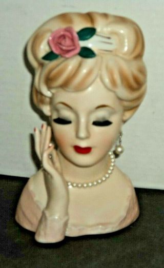 8 " Vintage Lady Headvase 1961 Inarco E - 193/l/a Pink Top Blonde Hair Flower 8 "