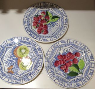 Set Of 3 Gien Oiseau Bleu Kiwi Cherry Strawberry Fruit Plate 8 1/2 " France