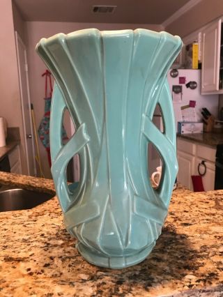 12 " Vase Mccoy Pottery Aqua / Turquoise Green Double Handle Reed Strap Stunning