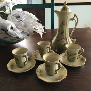 Vintage Nippon10 Piece Hand Painted Chocolate Pot Set,  Green W/dogwood/ Gilt Euc