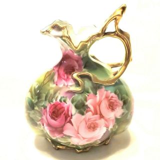 Antique Nippon Moriage Floral Roses Ewer Vase Pitcher Maple Leaf Mark Hand Paint