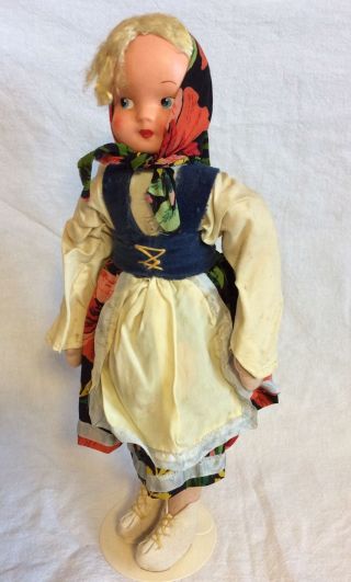 Vintage Polish Cloth Doll In Traditional Dress With Stand For Display