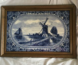 Vintage Delft Blue White Pottery Tiles Panel Plaque Frame Windmill And Ships.