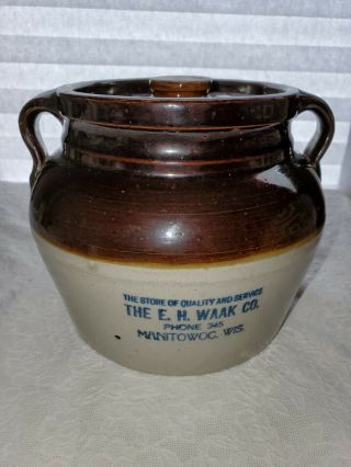 Vintage Red Wing Stoneware Bean Pot Crock W/ Lid Advertising Manitowoc Wi