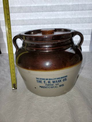 Vintage Red Wing Stoneware Bean Pot Crock w/ Lid Advertising Manitowoc WI 2