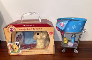 American Girl Doll Honey Travel Carrier Set & Pet Bath Grooming Tub Stand Apron