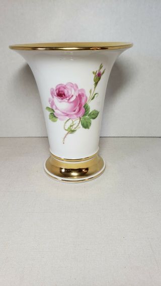 Antique Meissen Marked Porcelain Pink Rose W/gilding Trumpet Vase German 6.  5 " Ec