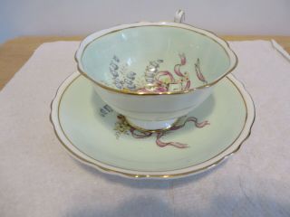 Vintage Paragon Light Green Cup And Saucer With Mother & Flowers In Cup,  England