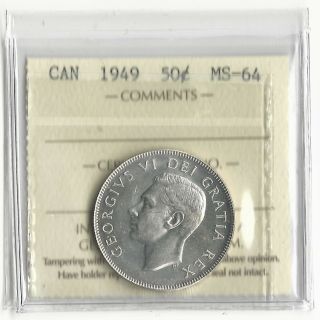 Canada 1949 Iccs Graded Canadian 50 Cent Ms - 64