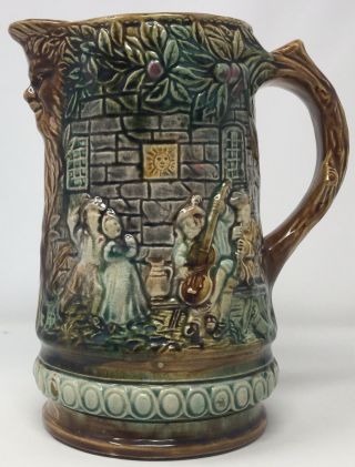 19th C Antique Frie Onnaing Majolica Pitcher 714 Castle Courtyard 8 1/2”h
