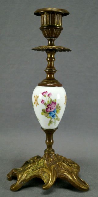 Late 19th Century Dresden Hand Painted Floral & Gold Gilt Bronze Candlestick