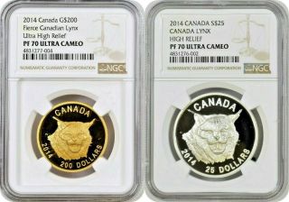 2014 Canada Gold Silver Proof Set 2 Coins $200 $25 Lynx High Relief Ngc Pf70