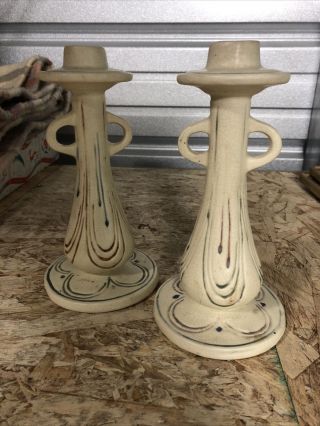 Set Of Weller Creamware 1920 Pottery Candle Holders