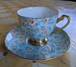 Vintage Shelley Marguerite Floral Chintz Ripon Teacup And Saucer Green Gold