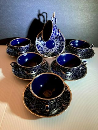 Vintage Rare Richard Ginori Cobalt Blue With Silver Overlay 6 Demitasse Cup And
