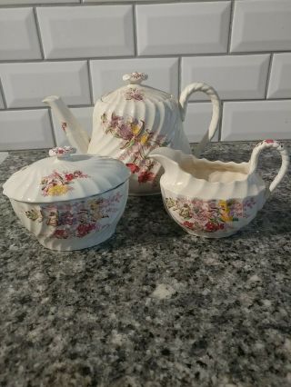 Copeland Spode Fairy Dell 5 Cup Tea Pot W Creamer & Sugar Bowl