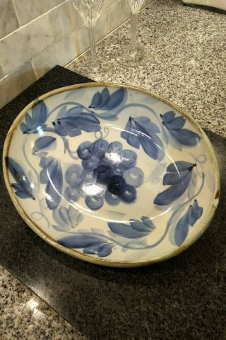 Vintage Simon Pearce / Miranda Thomas Stoneware Pottery Bowl Blue White Grapes 2