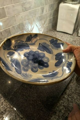 Vintage Simon Pearce / Miranda Thomas Stoneware Pottery Bowl Blue White Grapes 3
