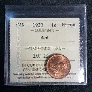 Canada 1933 One Cent Iccs Graded Ms - 64 Red