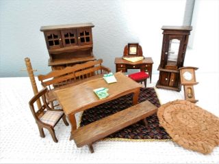 Vtg Wood Doll House Furniture Table Hutch Curio Bench Chair Clock Rugs Hall Tree