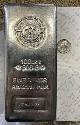 Royal Canadian 100oz (ounce) Silver Bar - 100 Troy Ounces 999.  9 Fine