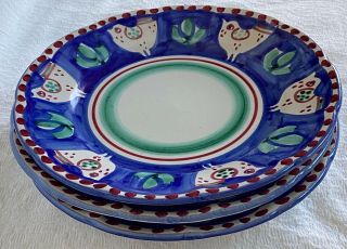 Solimene Vietri Campagna Hand - Painted Pottery Blue Chicken 3 Dinner Plates,
