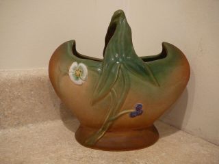 Vintage Weller Art Pottery Tutone Basket Vase Green Brown Flower Leaf Handle