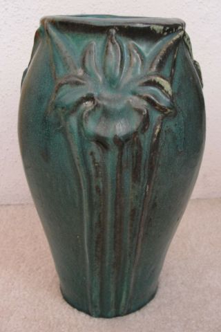 Pewabic Art Pottery Vase 2000 Matte Green Iris Motif 11.  25 " Tall