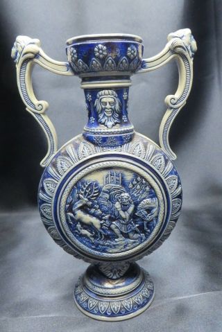 Westerwald German Stoneware Double Handled Moon Flask / Jug Vase Hunting Scene