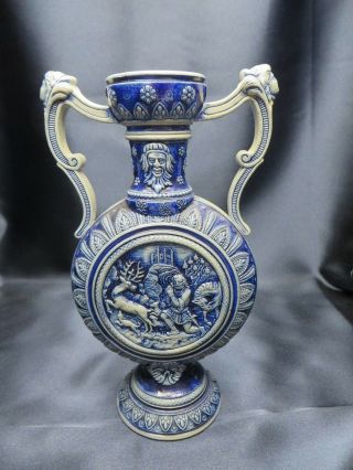 Westerwald German Stoneware Double Handled Moon Flask / Jug Vase Hunting Scene 2