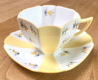 Shelley Queen Anne Yellow & White Striped Cup And Saucer W/ Flowers - Rare