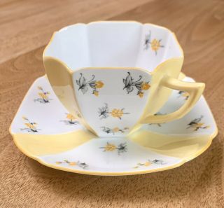 SHELLEY QUEEN ANNE Yellow & White Striped Cup and Saucer w/ Flowers - RARE 2