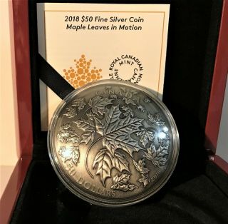 Canada $50 Fifty Dollars 2018 Proof 99.  99 Silver Convex Maple Leaves In Motion