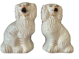 Vintage Pair Staffordshire Dogs Ceramic Porcelain Mantle Spaniel Dog 7”