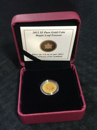 2012 Canada $5 Maple Leaf Forever 1/10 Oz.  999 Gold With Case Lotb884