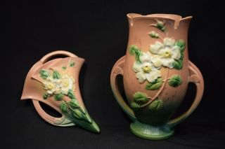2 Vintage Roseville White Rose Art Pottery Vase 986 - 9 & Wall Pocket 1289 - 8