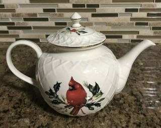 Lenox - Winter Greetings Carved Teapot - Red Cardinal - China Porcelain 2