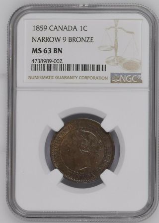 Canada,  Bronze Large 1 Cent,  1859,  Victoria,  Narrow 9,  Ngc Ms 63 Brown