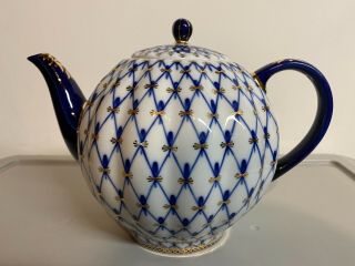 Russian Imperial Lomonosov Porcelain Cobalt Blue Net Teapot