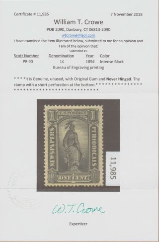 Us Sc Pr90 1894 1c Newspaper Stamp Intense Black Mnh Og Vf/xf - Crowe Certificate