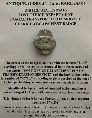 Obsolete Us Mail Post Office Department Postal Transportion Service Hat Badge Vf