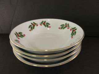 4 Fine China Japan All The Trimmings Christmas Holly Coupe Cereal Bowls 6 1/4 "