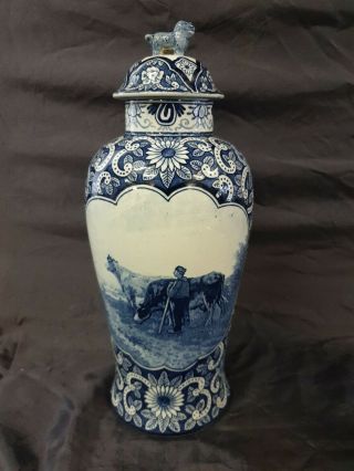 Antique Delft Vase (blue / White) Farmer With Cows.  Petrus Regout Maastricht