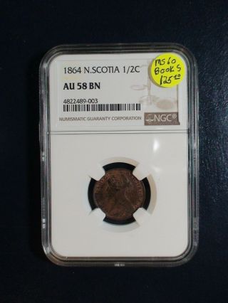 1864 Nova Scotia Half Cent Ngc Au58 Bn 1/2c Coin Priced To Sell Now