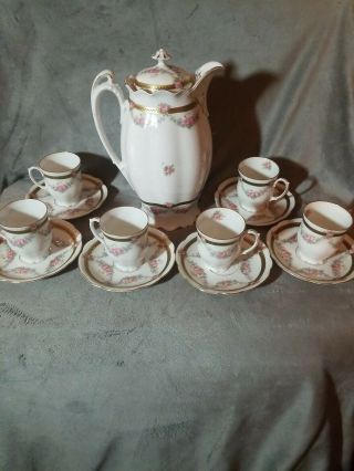 Vintage Chocolate Pot Set Cups Saucer Mz Austria Porcelain Floral W/gold Trim