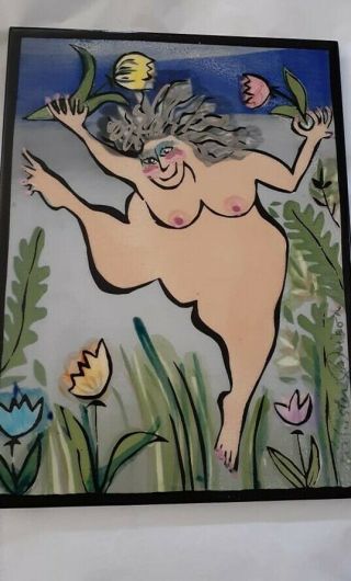 Pat Custer Denison Art Pottery Nude Dancing Woman Flowers 8x6 Tile Signed