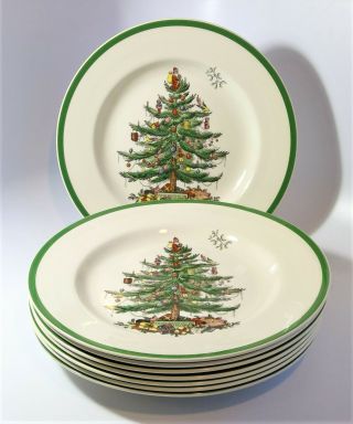 (8) Vintage Spode ‘christmas Tree’ - Dinner Plate 10 ¾” - Green England - Nos