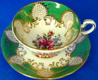 Paragon Fancy Green Rich Gold Pink Roses Forget - Me - Not Flowers Cup Saucer Set