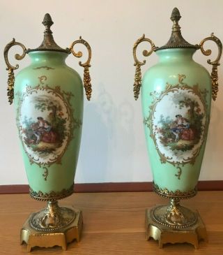 Antique Sevres - Style Porcelain Lebrun Portrait Vases/urns (set Of 2)